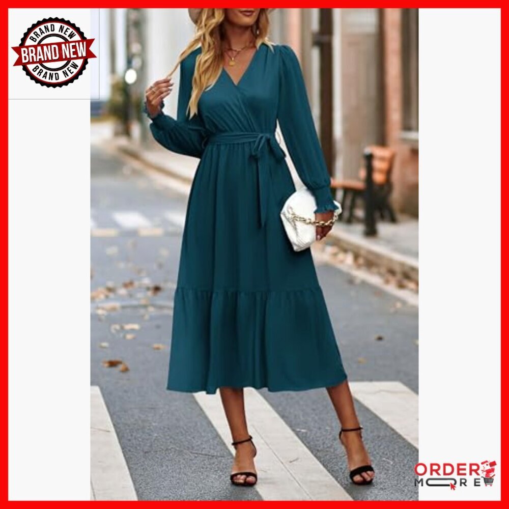 Long Sleeve Maxi Dress Wrap V Neck Ruffle Hem Flowy Boho Formal - Picture 4 of 7